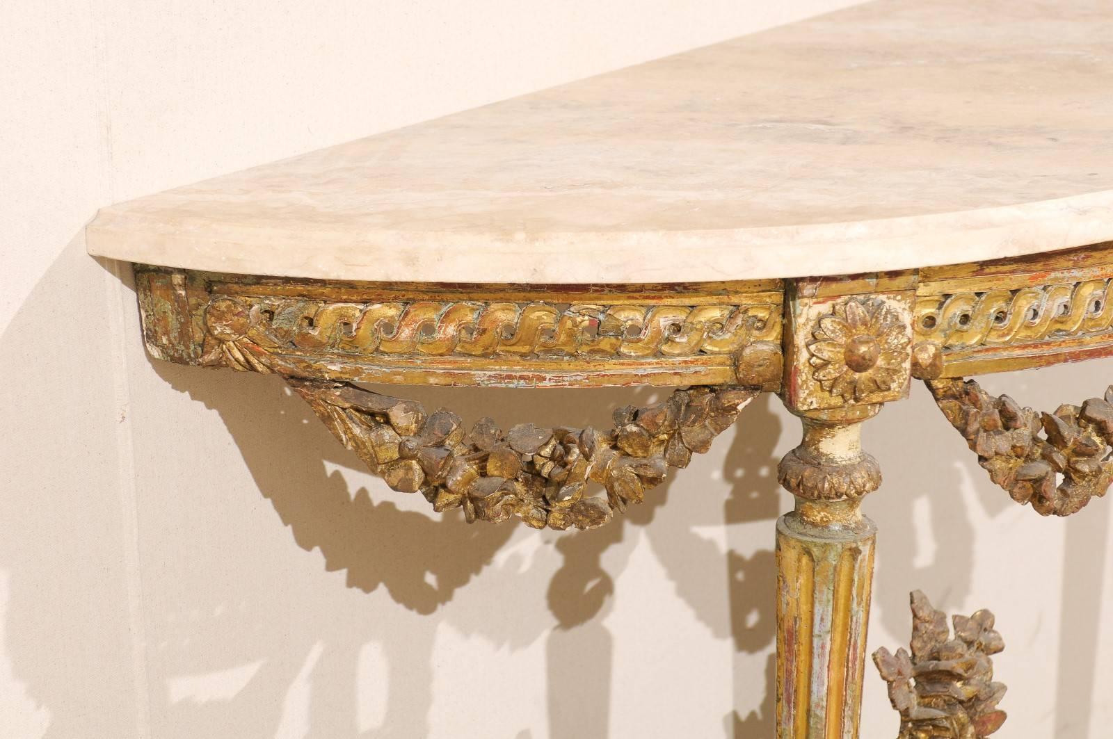 Early 19th C. Italian Gilt & Carved-Wood Demi Console Table with Marble Top For Sale 4
