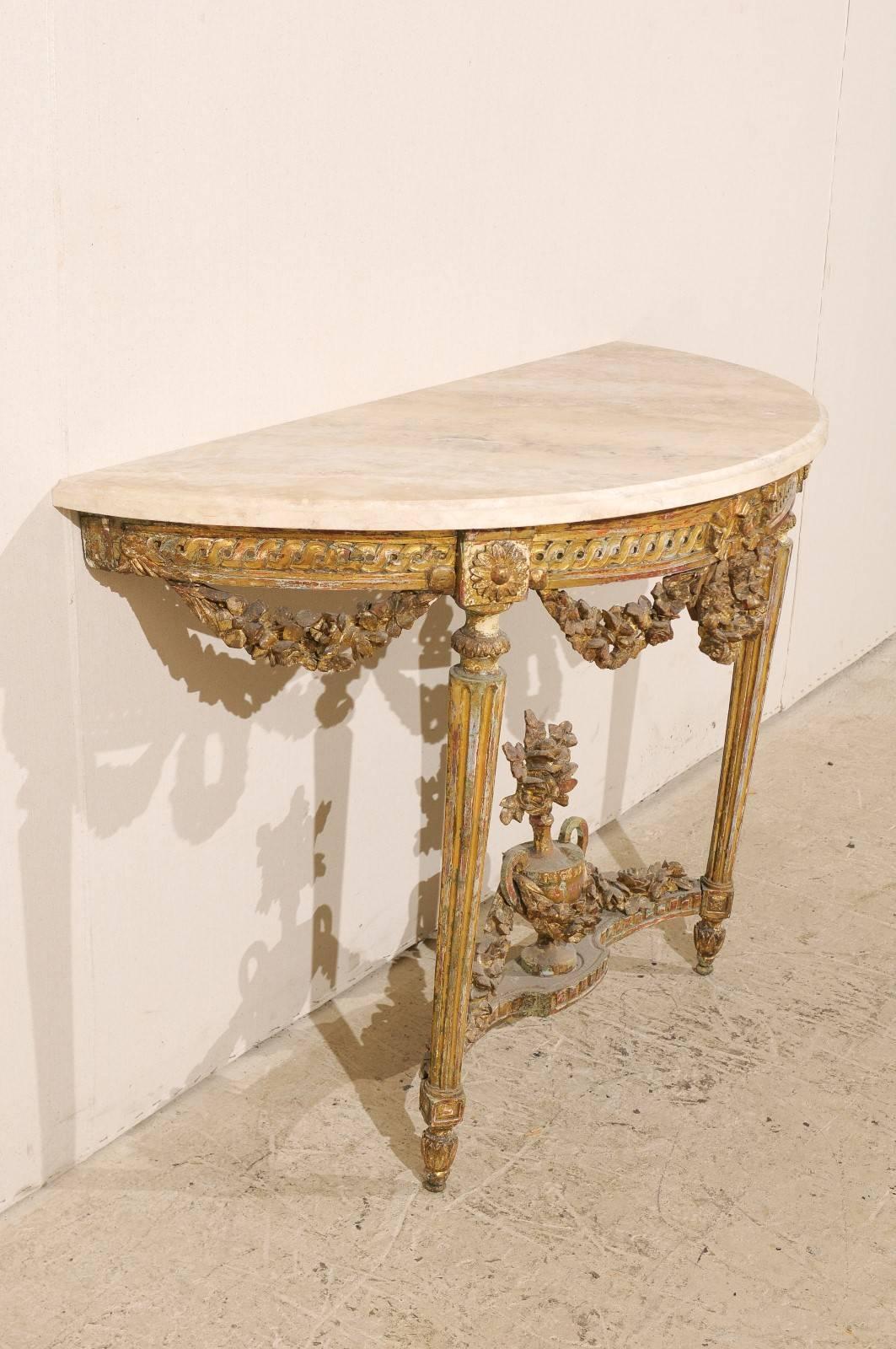 Early 19th C. Italian Gilt & Carved-Wood Demi Console Table with Marble Top For Sale 5