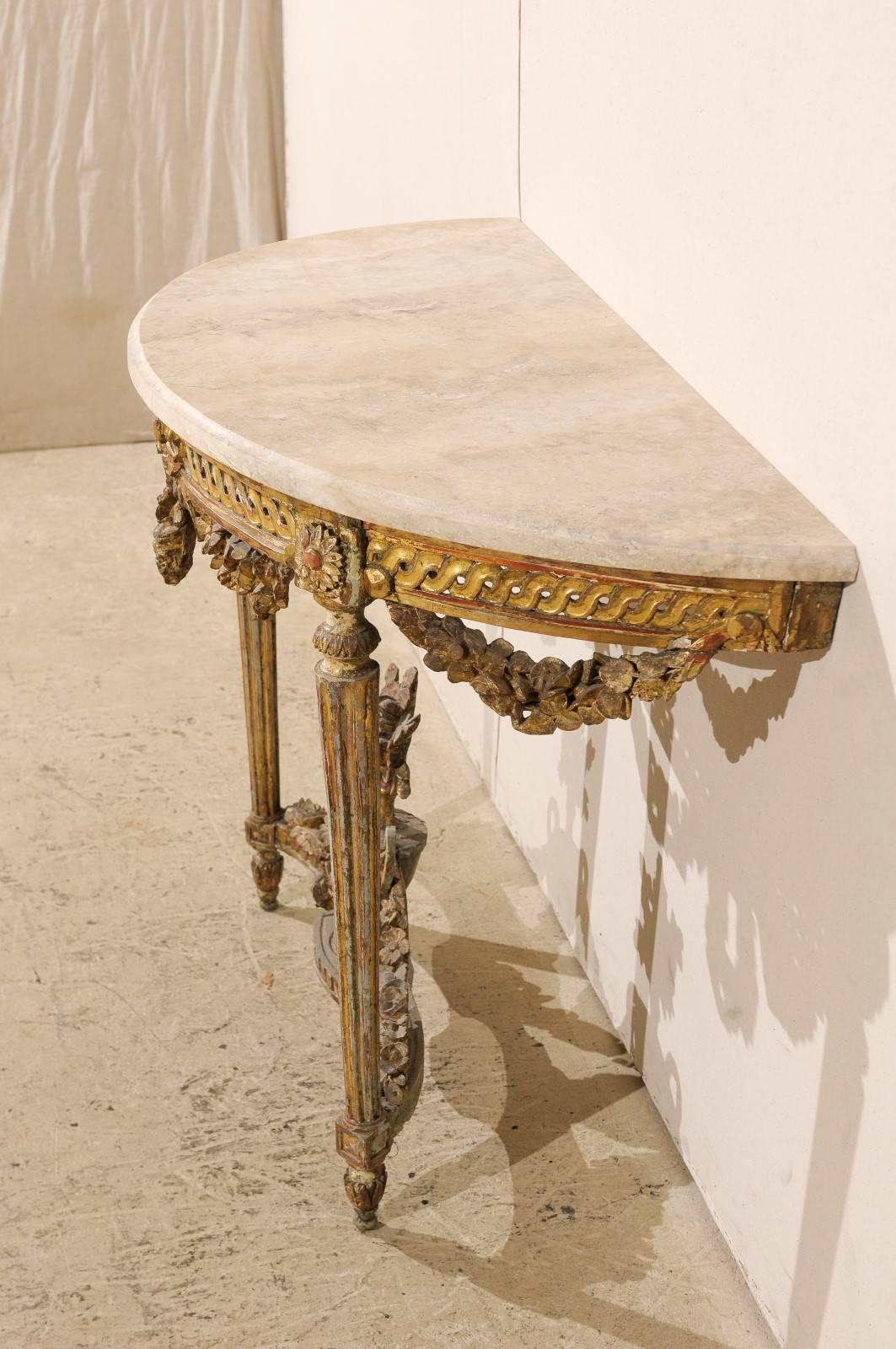 Early 19th C. Italian Gilt & Carved-Wood Demi Console Table with Marble Top For Sale 2