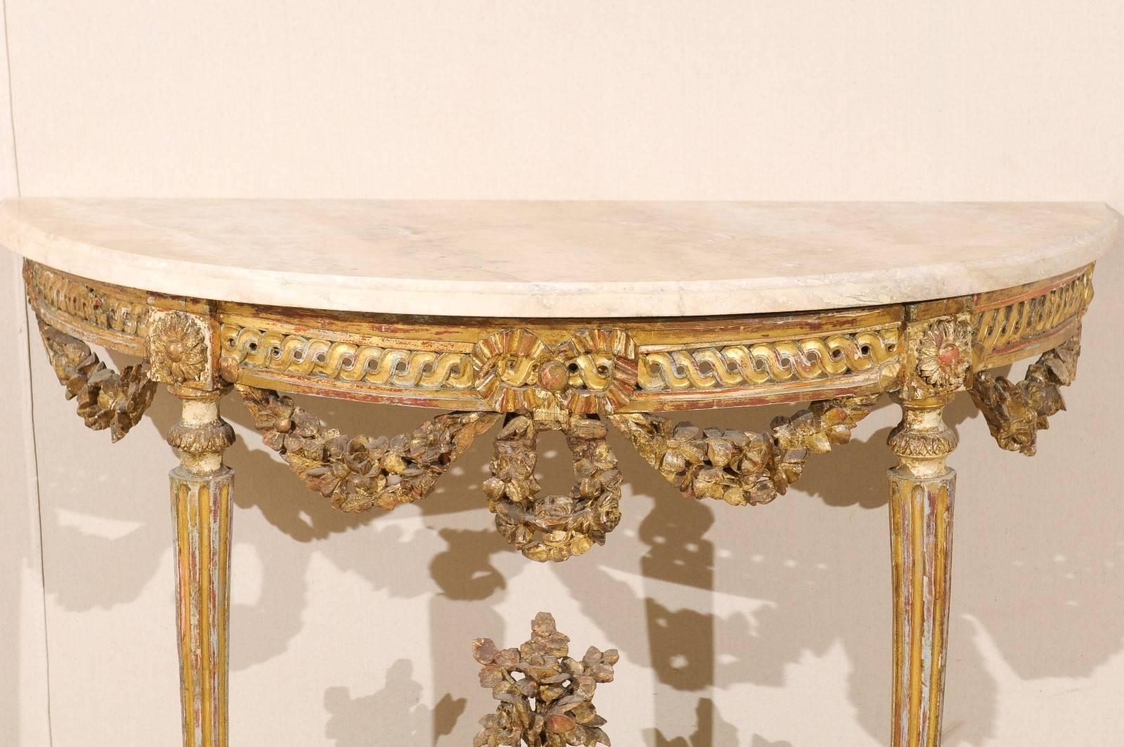 Louis XVI Early 19th C. Italian Gilt & Carved-Wood Demi Console Table with Marble Top For Sale