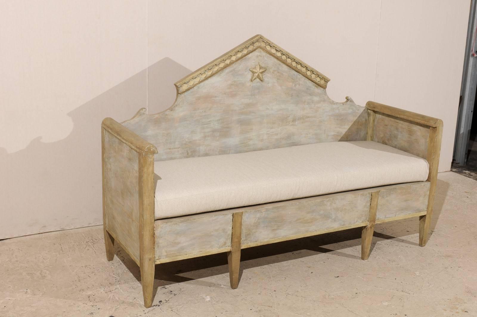 Carved Swedish Karl Johan Style Bench w/ Fabulous Pyramidal Back Pediment, Early 1800s For Sale