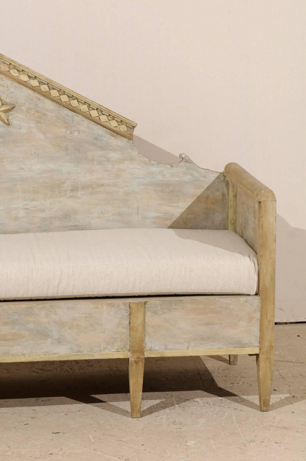 Linen Swedish Karl Johan Style Bench w/ Fabulous Pyramidal Back Pediment, Early 1800s For Sale