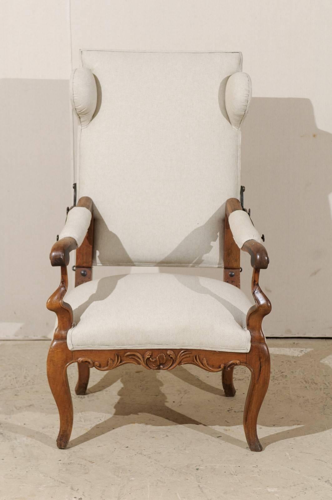 Carved 18th Century Italian Wooden Reclining Armchair Upholstered in Belgian Linen