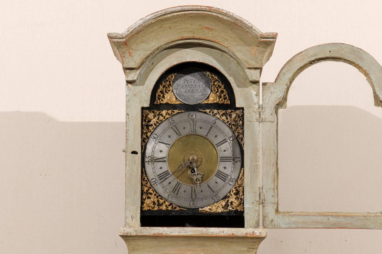 Gustavian Swedish 19th Century Floor Clock with Linear Body and Pewter Ring Face