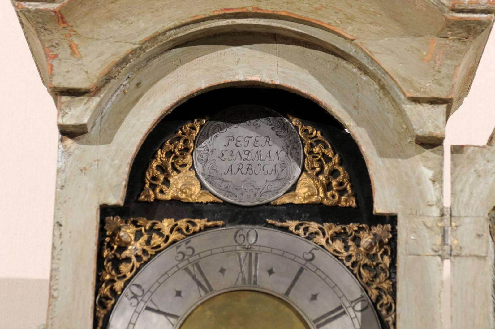 Gilt Swedish 19th Century Floor Clock with Linear Body and Pewter Ring Face