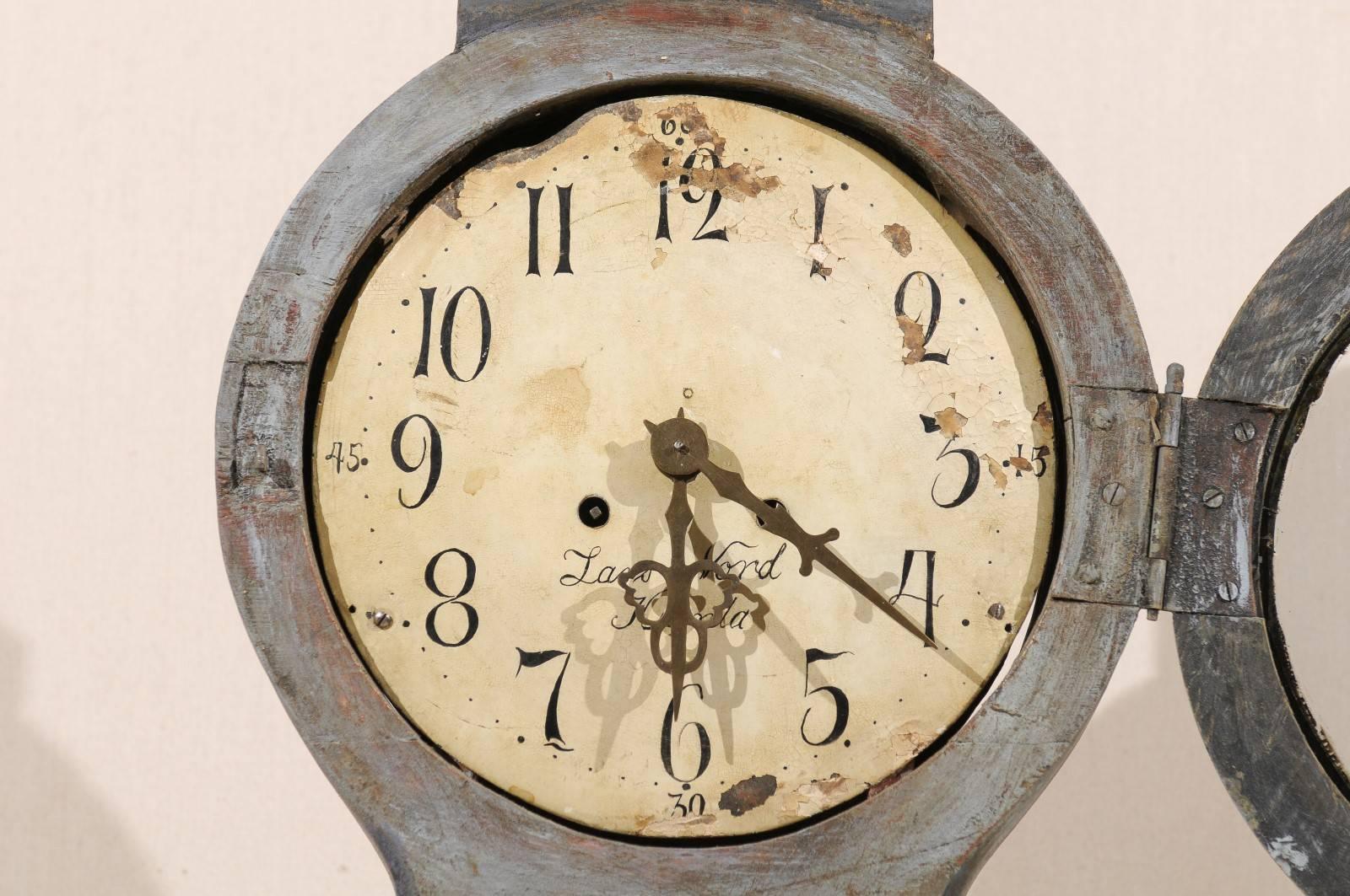 Wood Blue Grey 19th Century Swedish Clock with Dark Grey Trim and Simple Round Crest