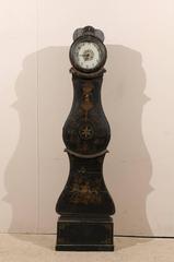 Swedish Ornately Painted Black and Gold Floor Clock with Water and Floral Decor