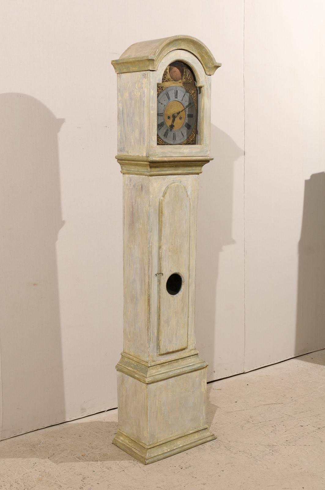 Carved 19th C. Swedish Straight Body Floor Clock with Beautiful, Original Gilded Face For Sale