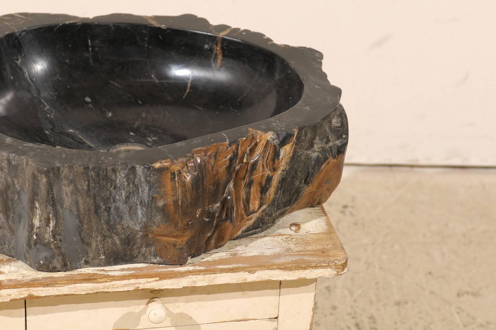 Black Polished Petrified Wood Sink Ready for a Vanity In Good Condition In Atlanta, GA