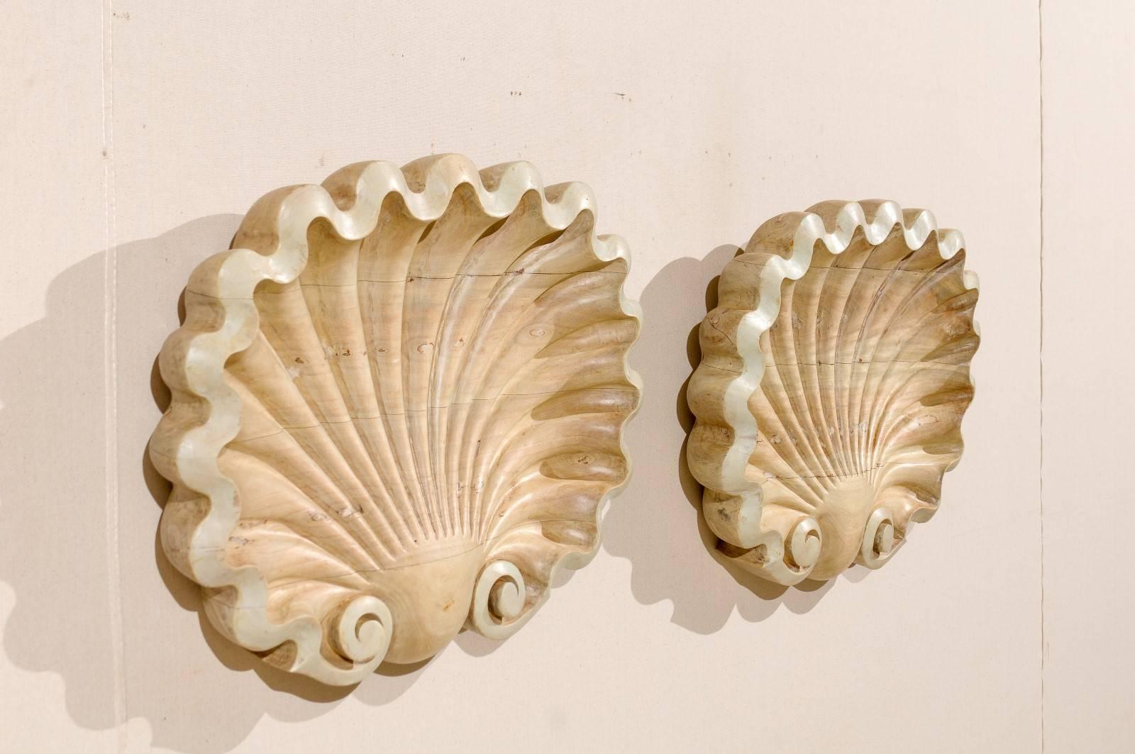 Renaissance Carved and Bleached Wood Shell Wall Plaque in Light Tan and Light Sea Green