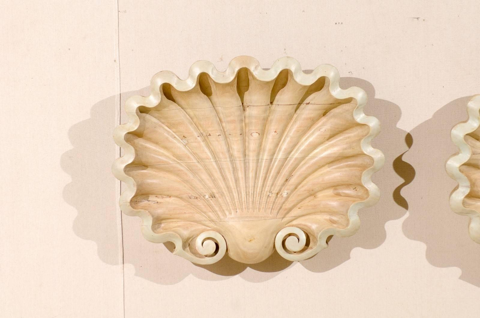 Indonesian Carved and Bleached Wood Shell Wall Plaque in Light Tan and Light Sea Green