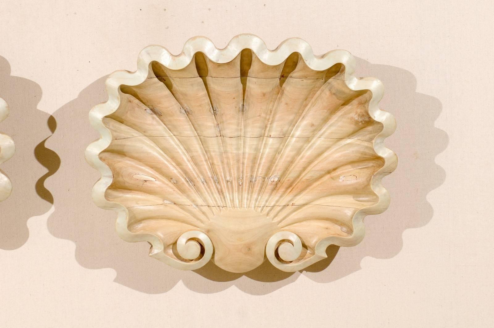 Carved and Bleached Wood Shell Wall Plaque in Light Tan and Light Sea Green In Good Condition In Atlanta, GA