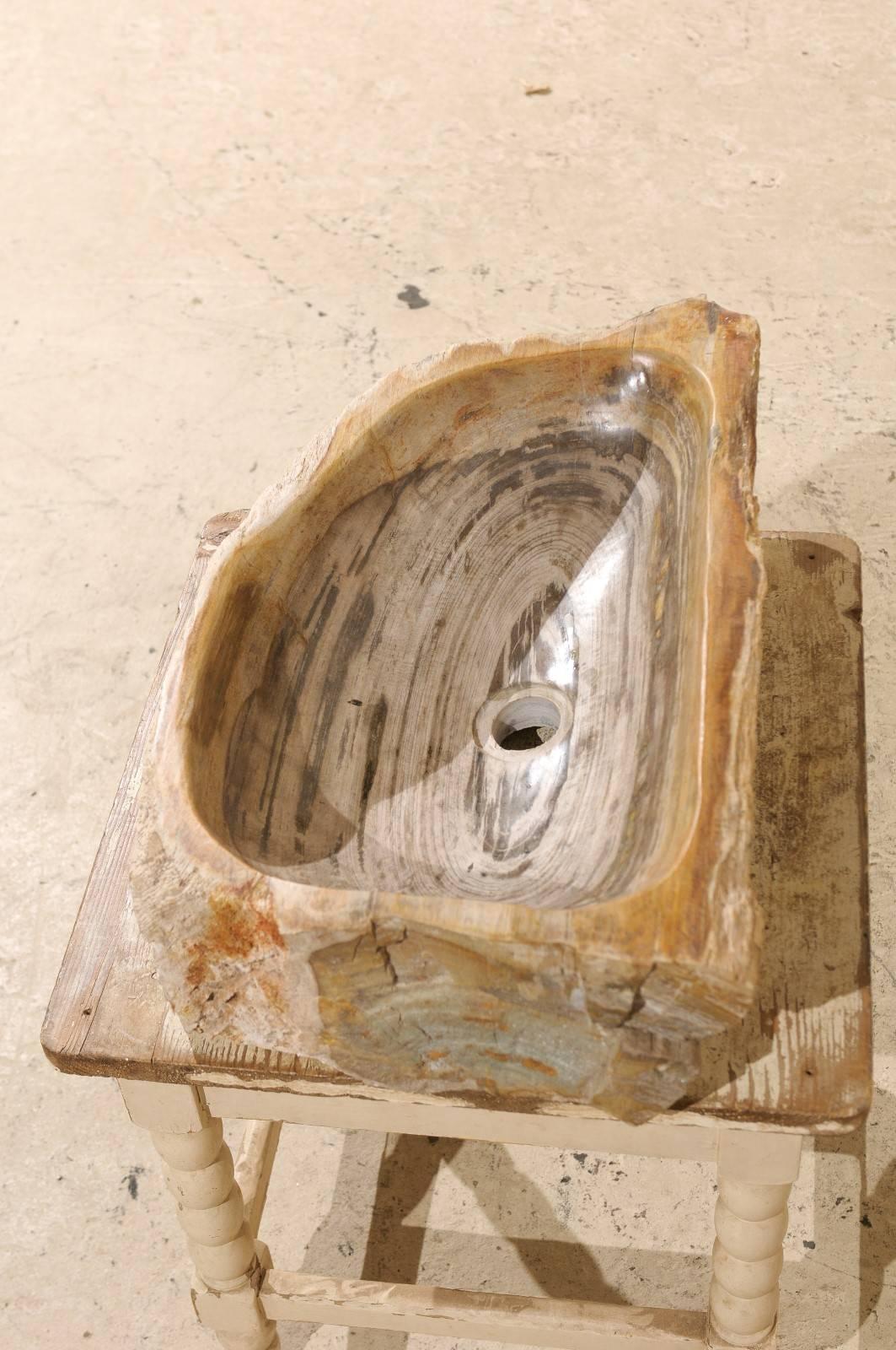 Polished Oblong Petrified Wood Sink in Neutral Light Cream Color with Beige / Grey Colors