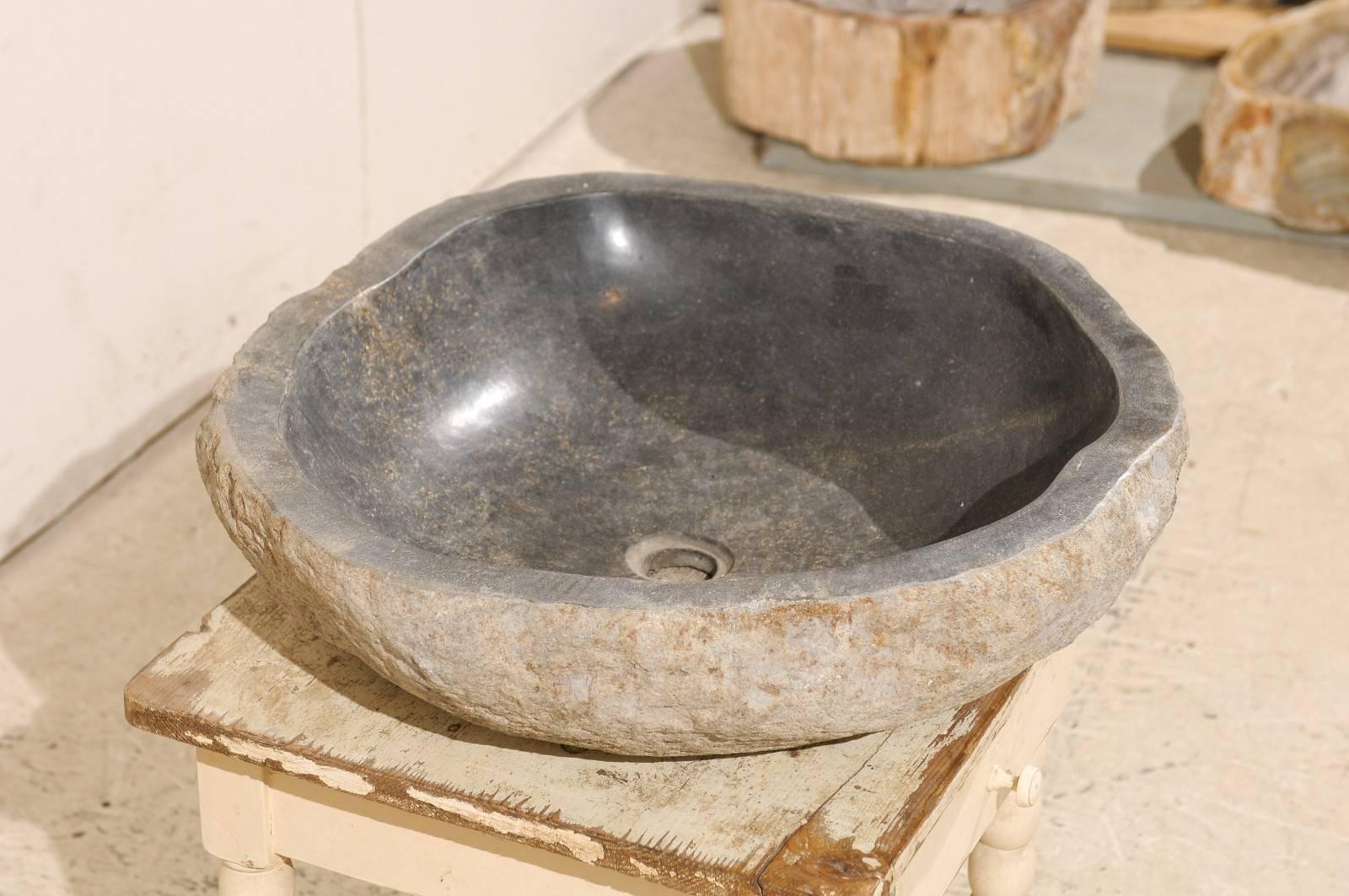 Sink Made from a River Rock / Boulder with Polished Black Interior, Tan Exterior In Good Condition In Atlanta, GA