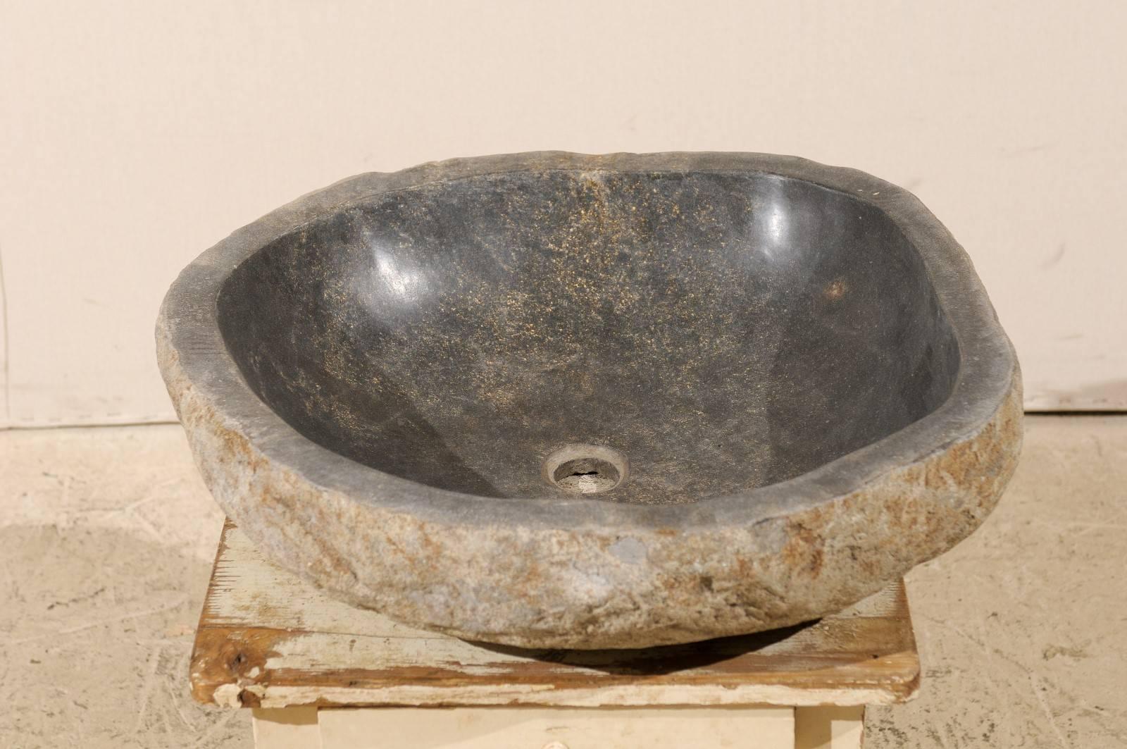 Sink Made from a River Rock / Boulder with Polished Black Interior, Tan Exterior 3