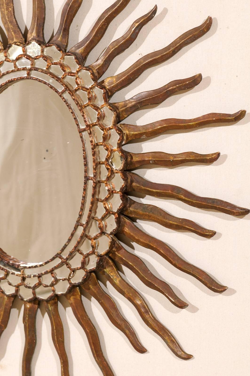 Spanish Oval Shaped Bronze and Gold Antiqued Sunburst Mirror, Intricate Surround 3