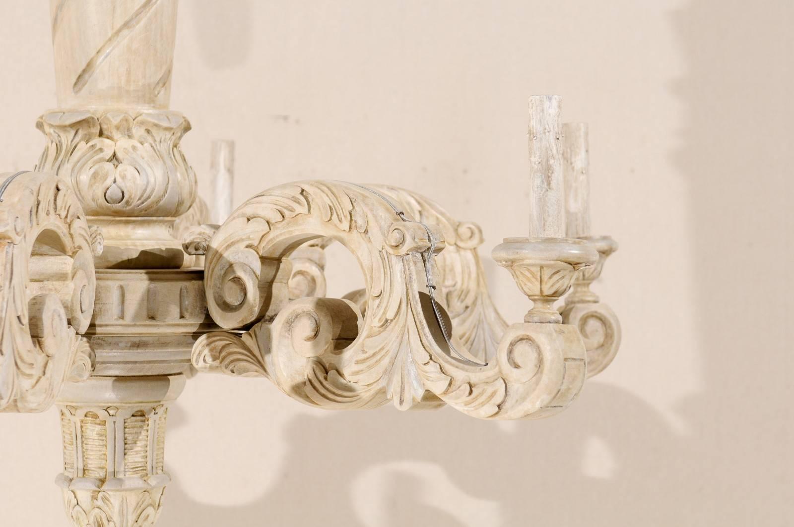 French Vintage Carved Wood Six-Light Chandelier, in a Soothing Neutral Palette In Good Condition In Atlanta, GA