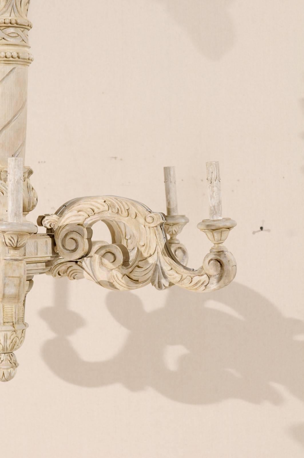 20th Century French Vintage Carved Wood Six-Light Chandelier, in a Soothing Neutral Palette