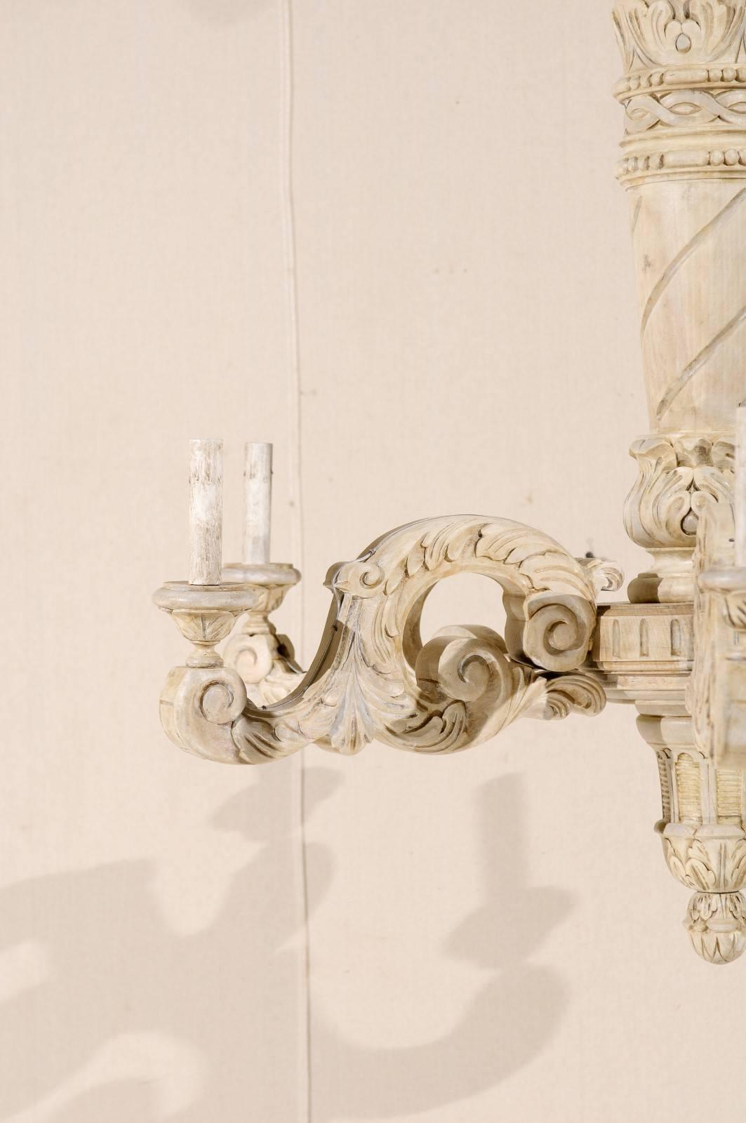 Painted French Vintage Carved Wood Six-Light Chandelier, in a Soothing Neutral Palette