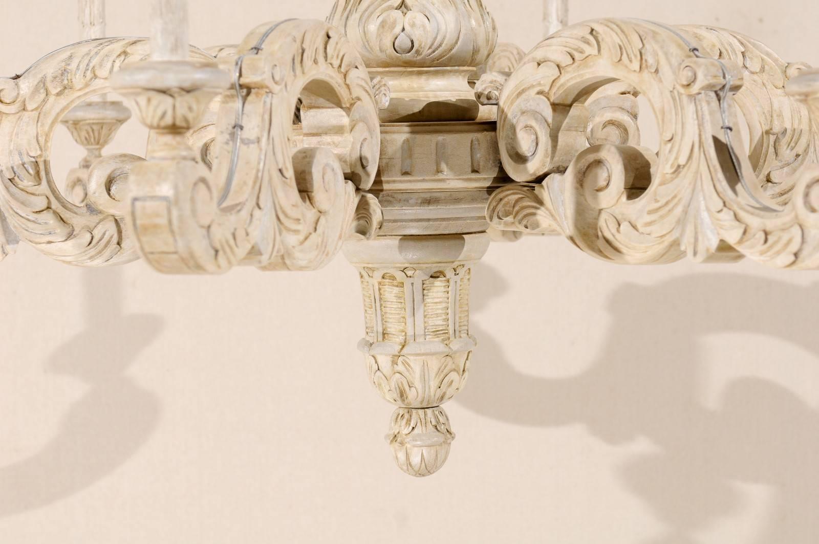 French Vintage Carved Wood Six-Light Chandelier, in a Soothing Neutral Palette 1