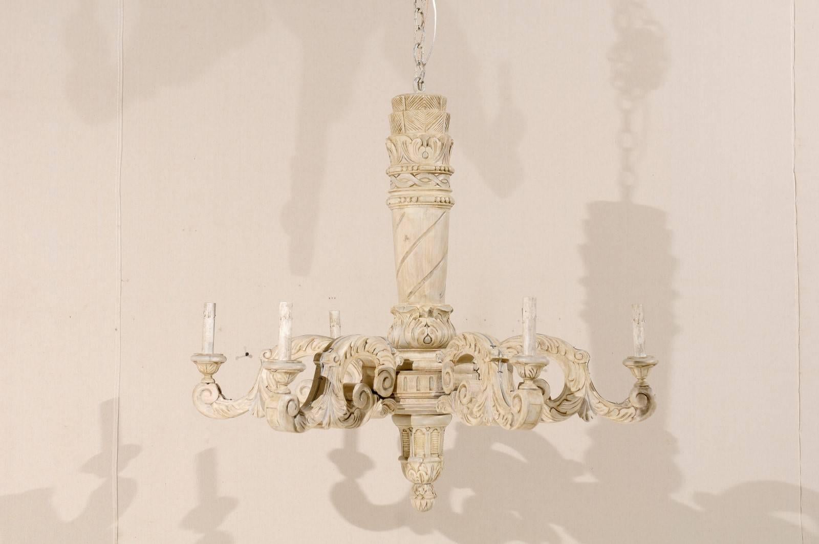 French Vintage Carved Wood Six-Light Chandelier, in a Soothing Neutral Palette 3