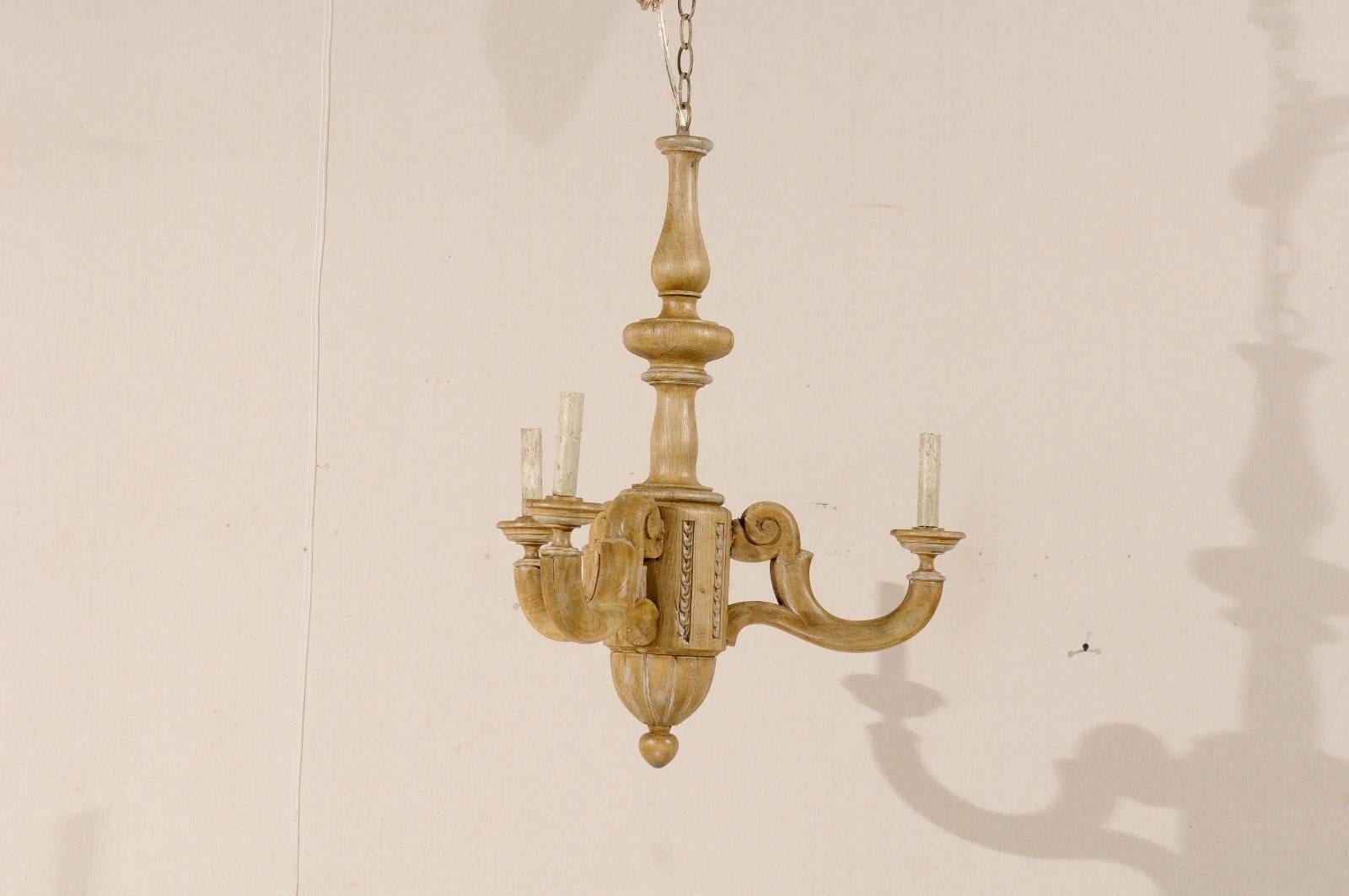 20th Century French Small Three-Light Natural Wood Chandelier in Warm Tan Wood Color