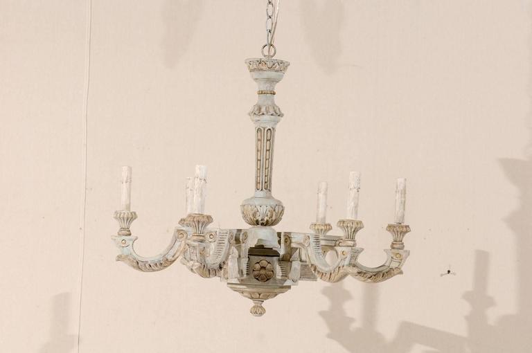 French Vintage Painted And Carved Wood Chandelier With Six Lights At French Vintage Painted And Carved Wood Chandelier With Six Lights In Good Condition For