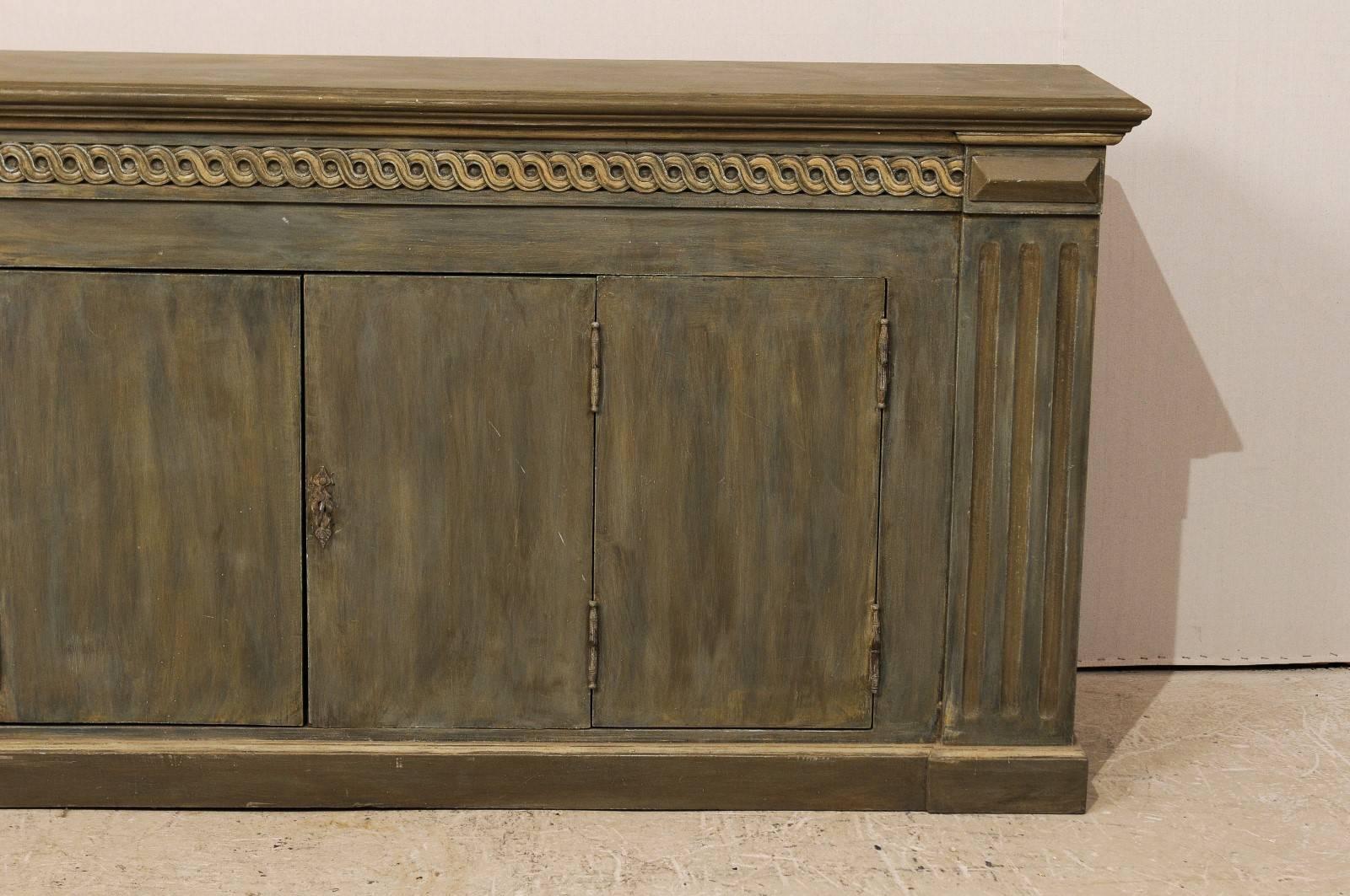 20th Century Brazilian Painted Wood Enfilade or Buffet Cabinet, Guilloche Molding, Grey-Green