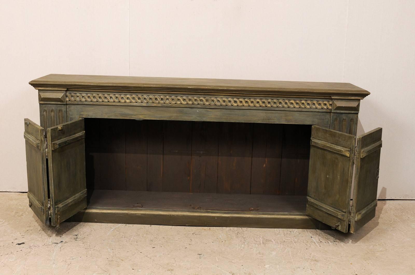 Brazilian Painted Wood Enfilade or Buffet Cabinet, Guilloche Molding, Grey-Green 4
