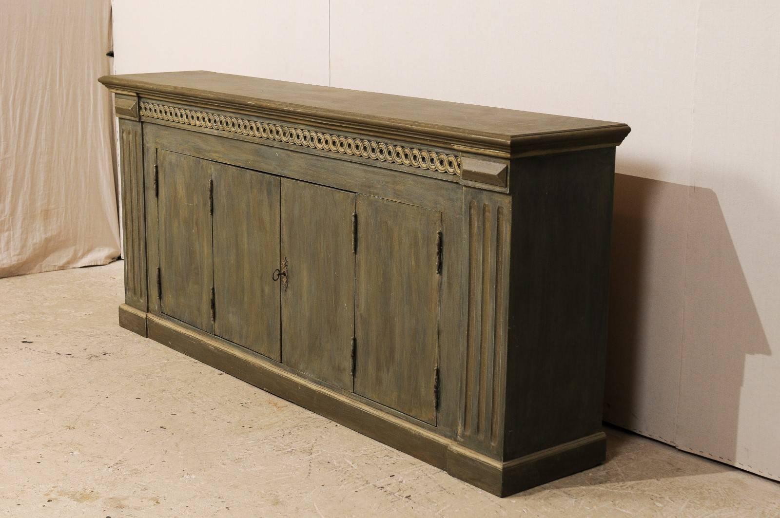 Brazilian Painted Wood Enfilade or Buffet Cabinet, Guilloche Molding, Grey-Green 1
