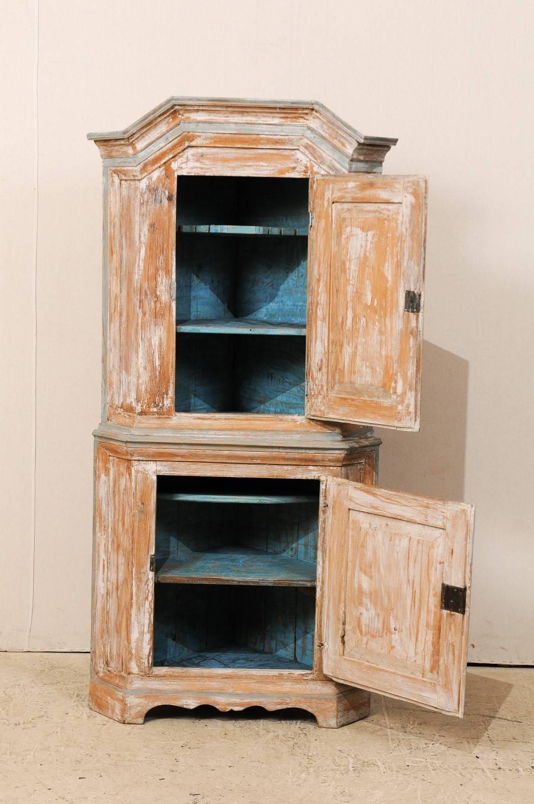 Wood A Swedish Late-Baroque Corner Cabinet with Pediment Cornice & Scalloped Base For Sale