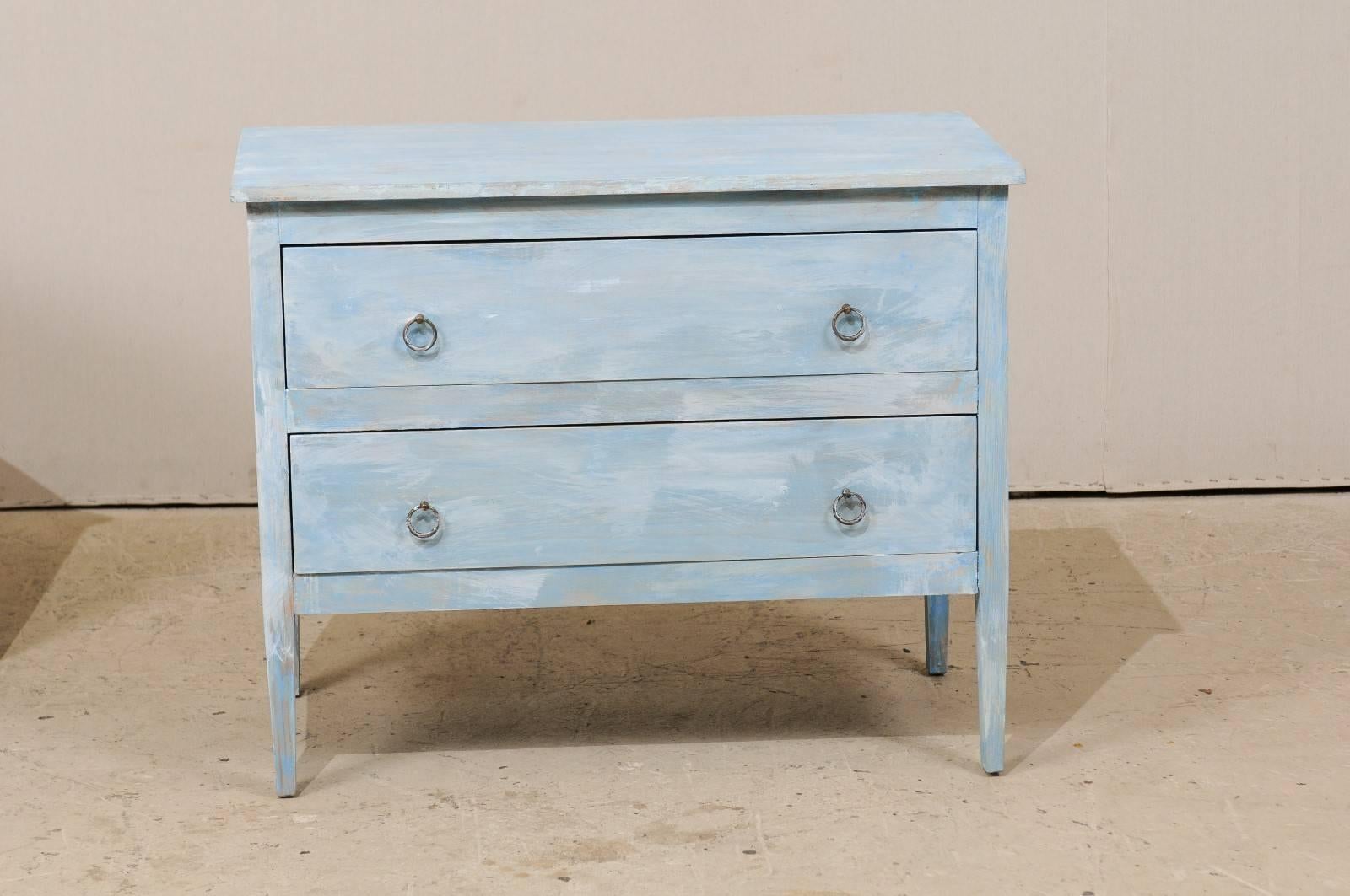 Carved Pair of Painted Wood Two-Drawer Chests in Grey, Light Blue and White Color