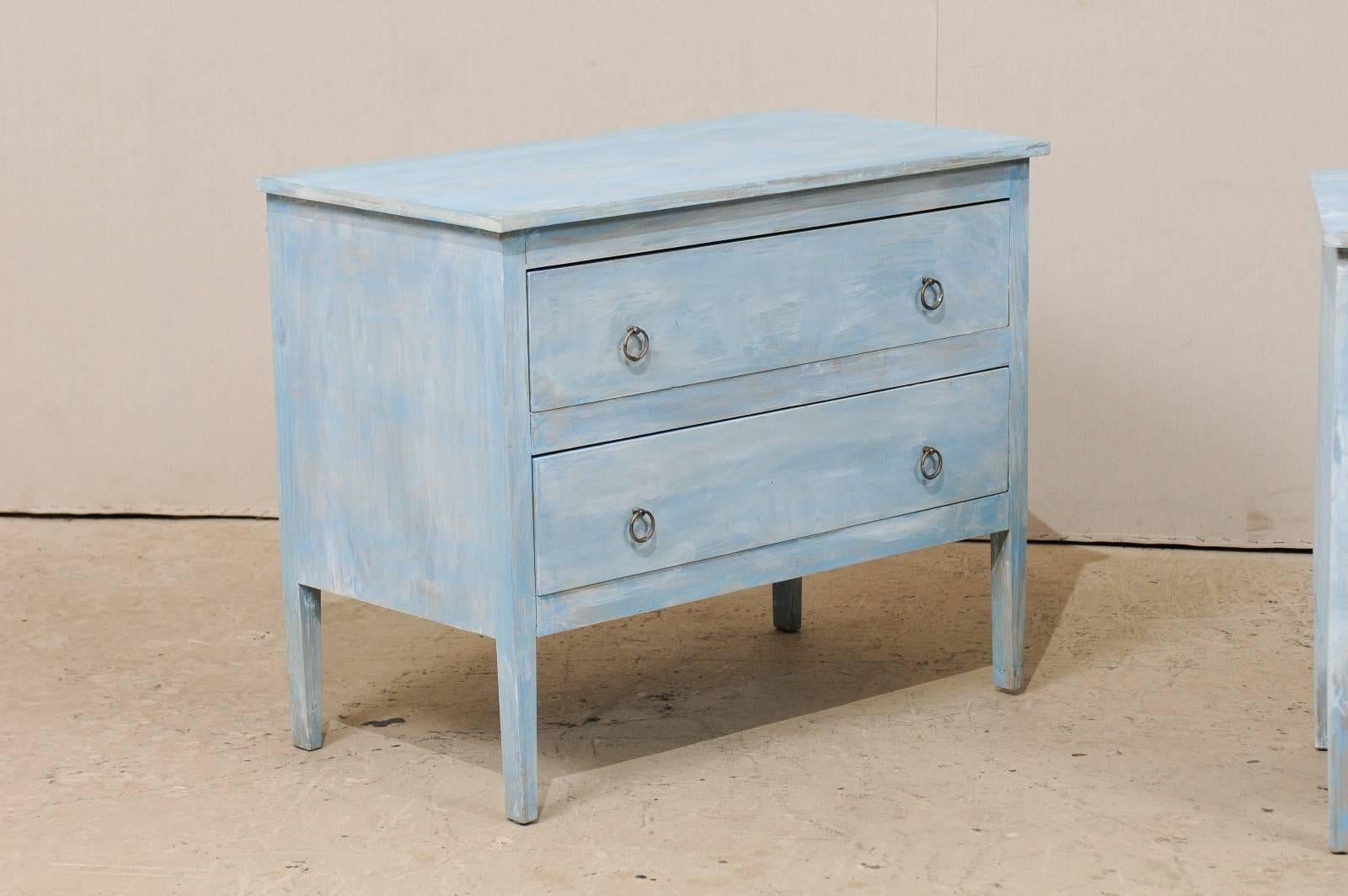 Pair of Painted Wood Two-Drawer Chests in Grey, Light Blue and White Color In Good Condition In Atlanta, GA