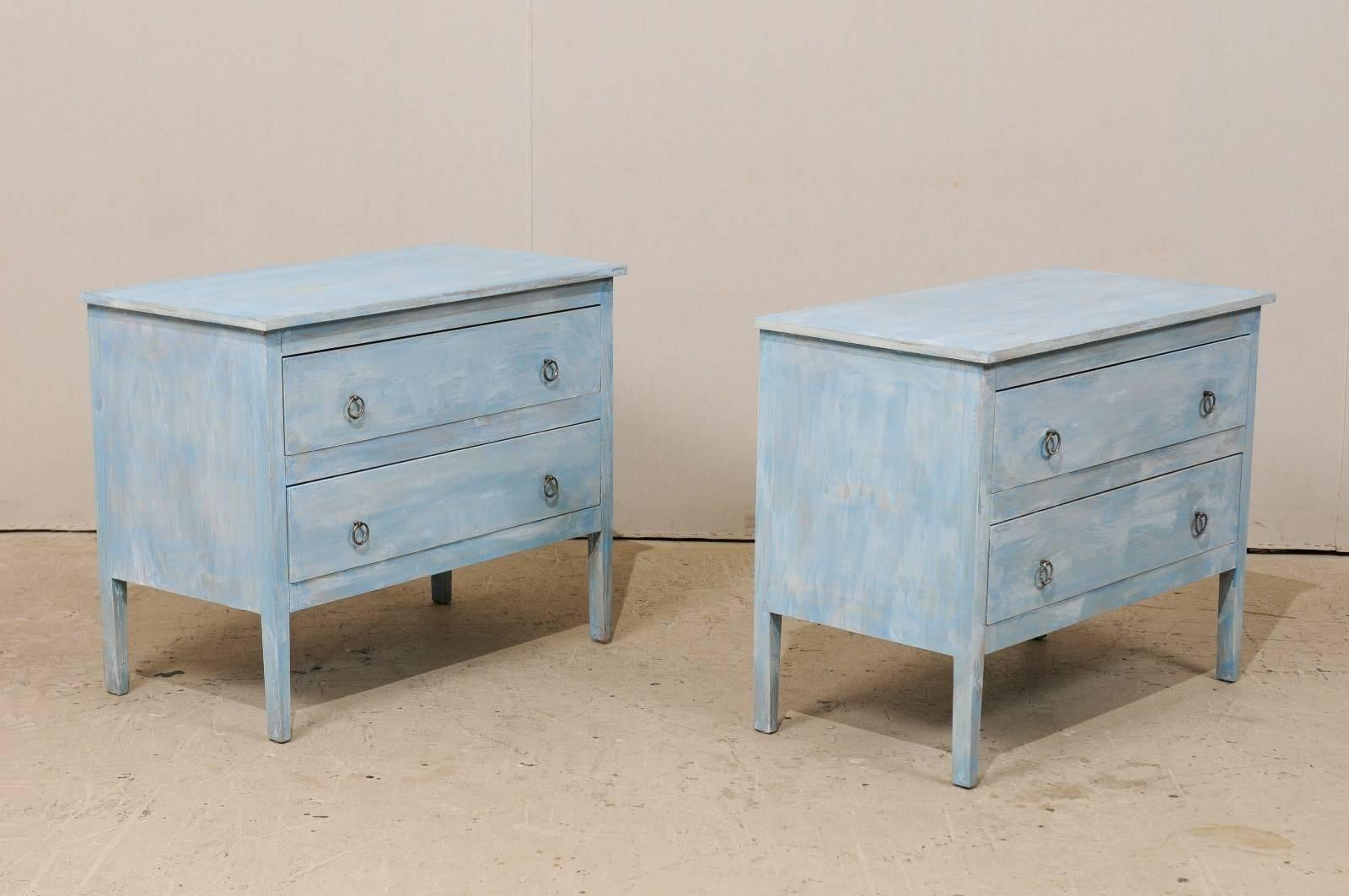 American Pair of Painted Wood Two-Drawer Chests in Grey, Light Blue and White Color
