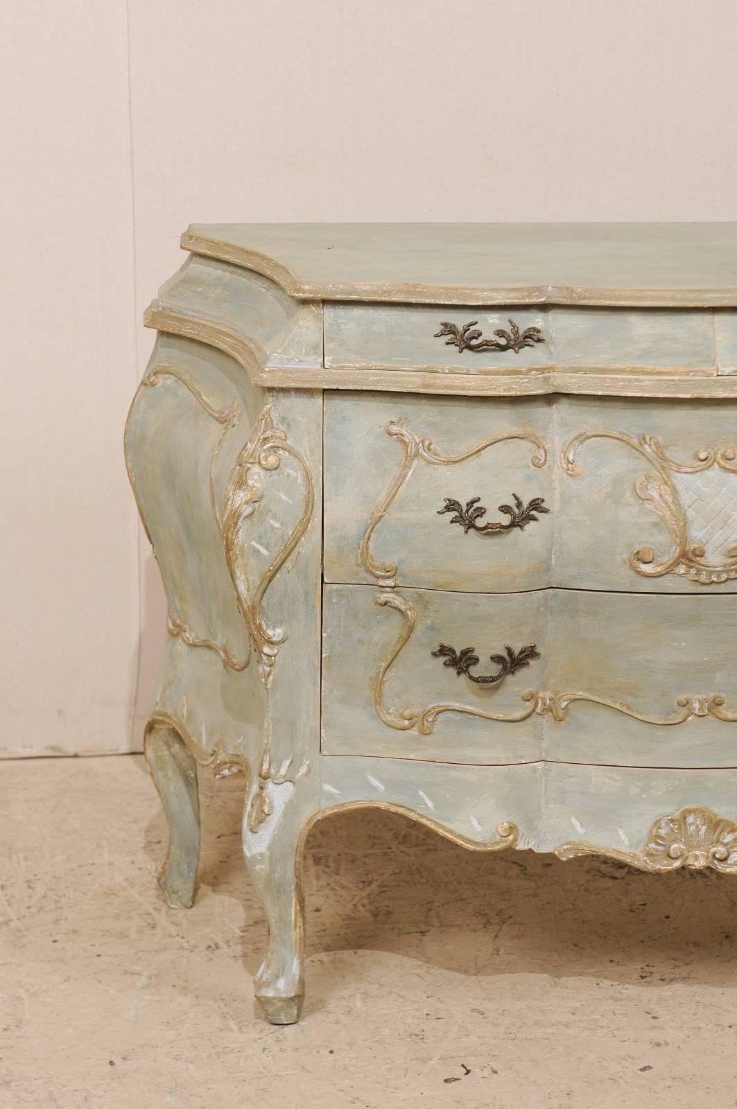 American Painted Wood Bombé, Rococo Inpired Four-Drawer Chest Adorned with Shell Carving