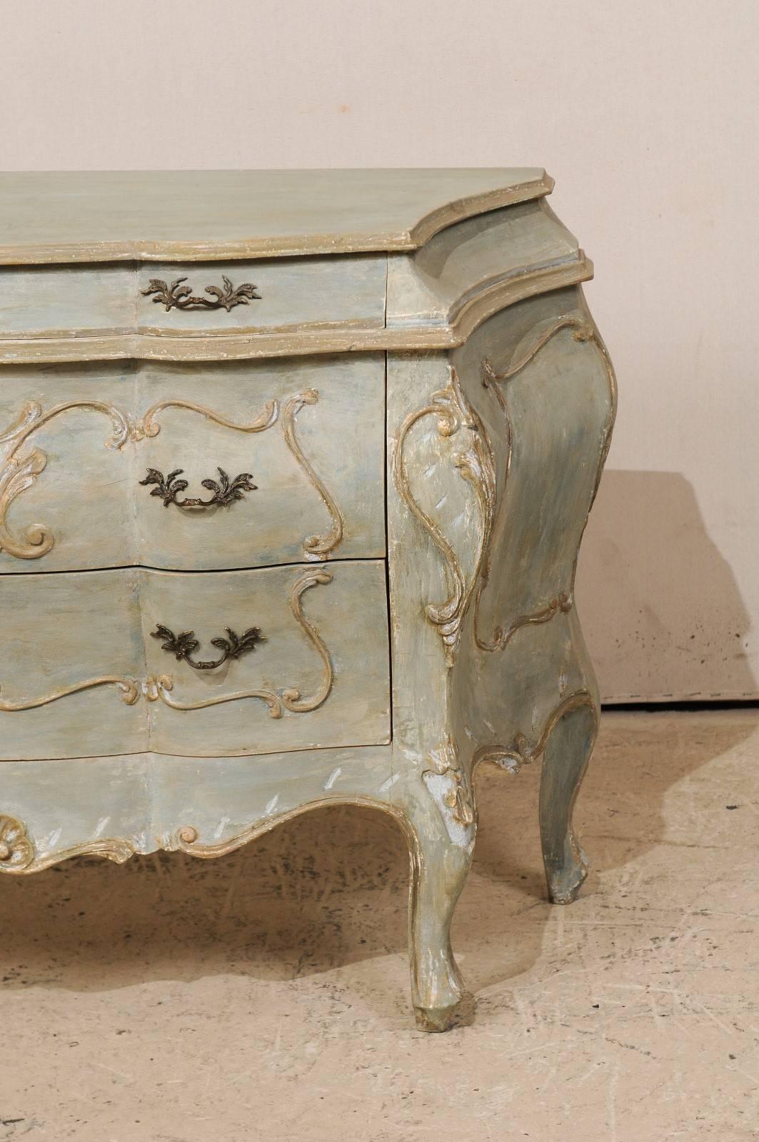 Carved Painted Wood Bombé, Rococo Inpired Four-Drawer Chest Adorned with Shell Carving