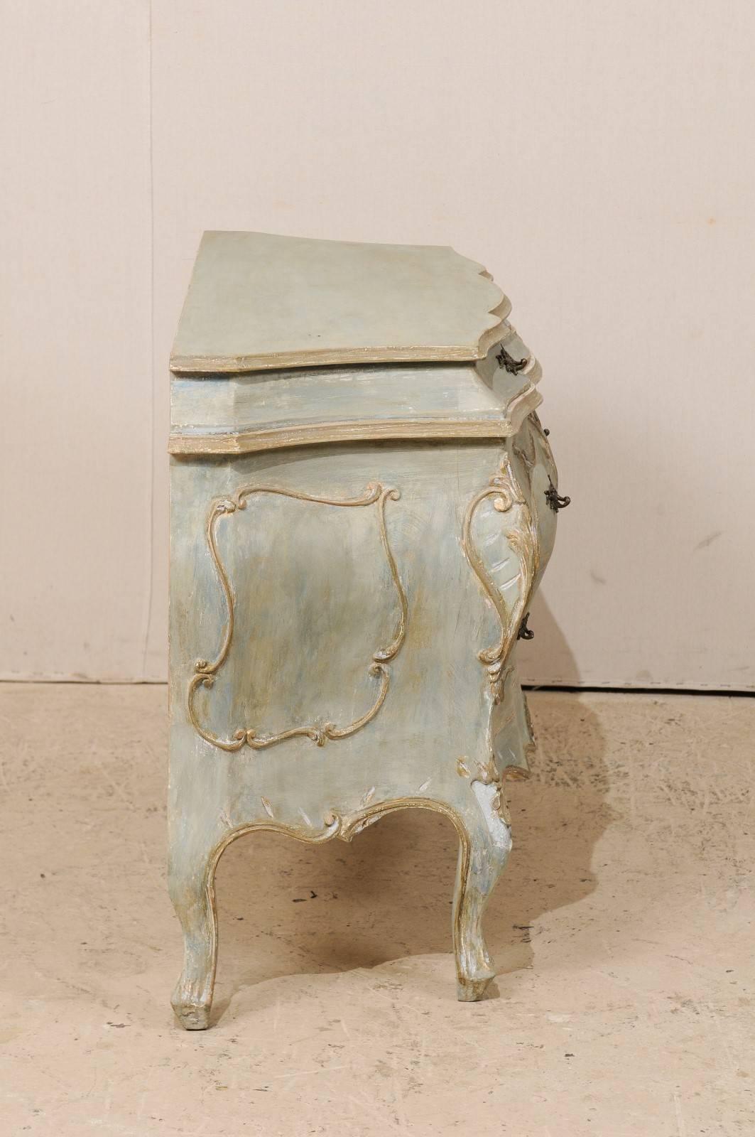 20th Century Painted Wood Bombé, Rococo Inpired Four-Drawer Chest Adorned with Shell Carving