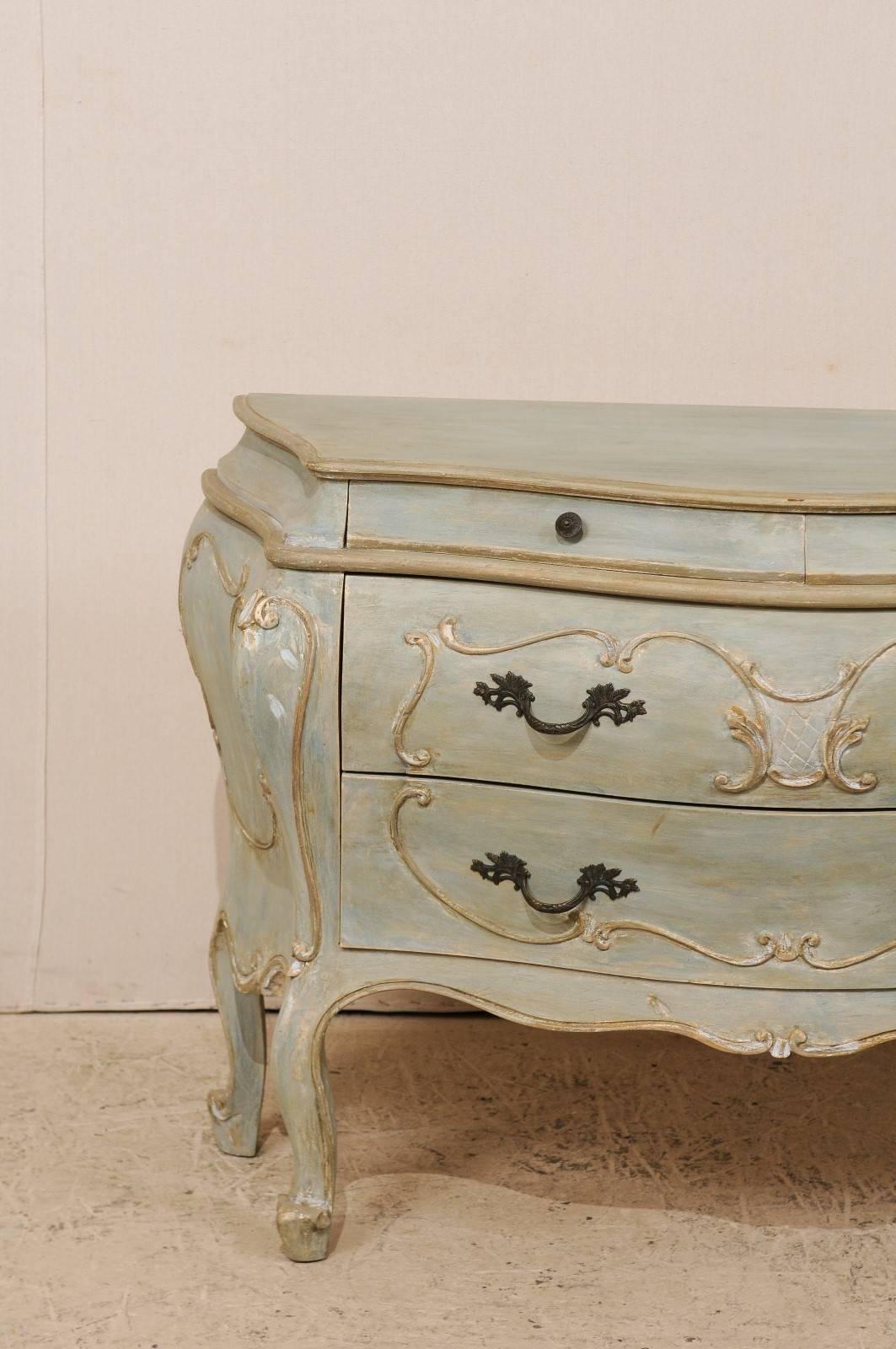 American Rococo Style Bombé Chest of Four Drawers with Grey, Blue, Green & Beige Accents For Sale