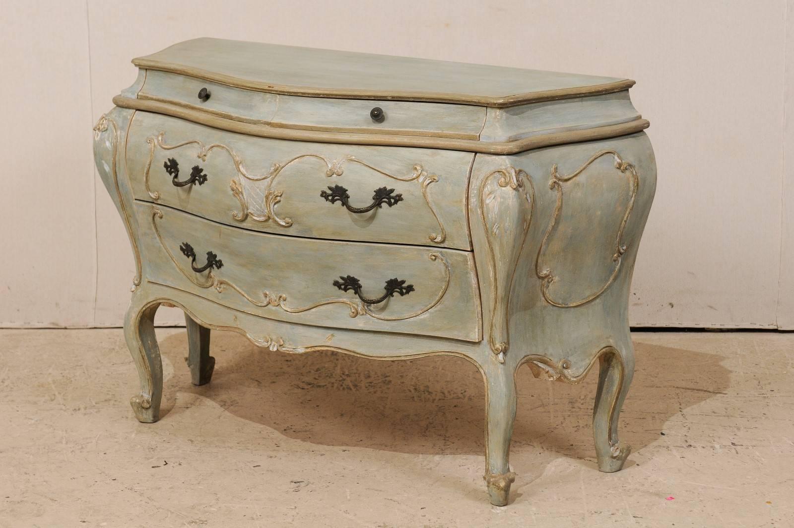 20th Century Rococo Style Bombé Chest of Four Drawers with Grey, Blue, Green & Beige Accents For Sale