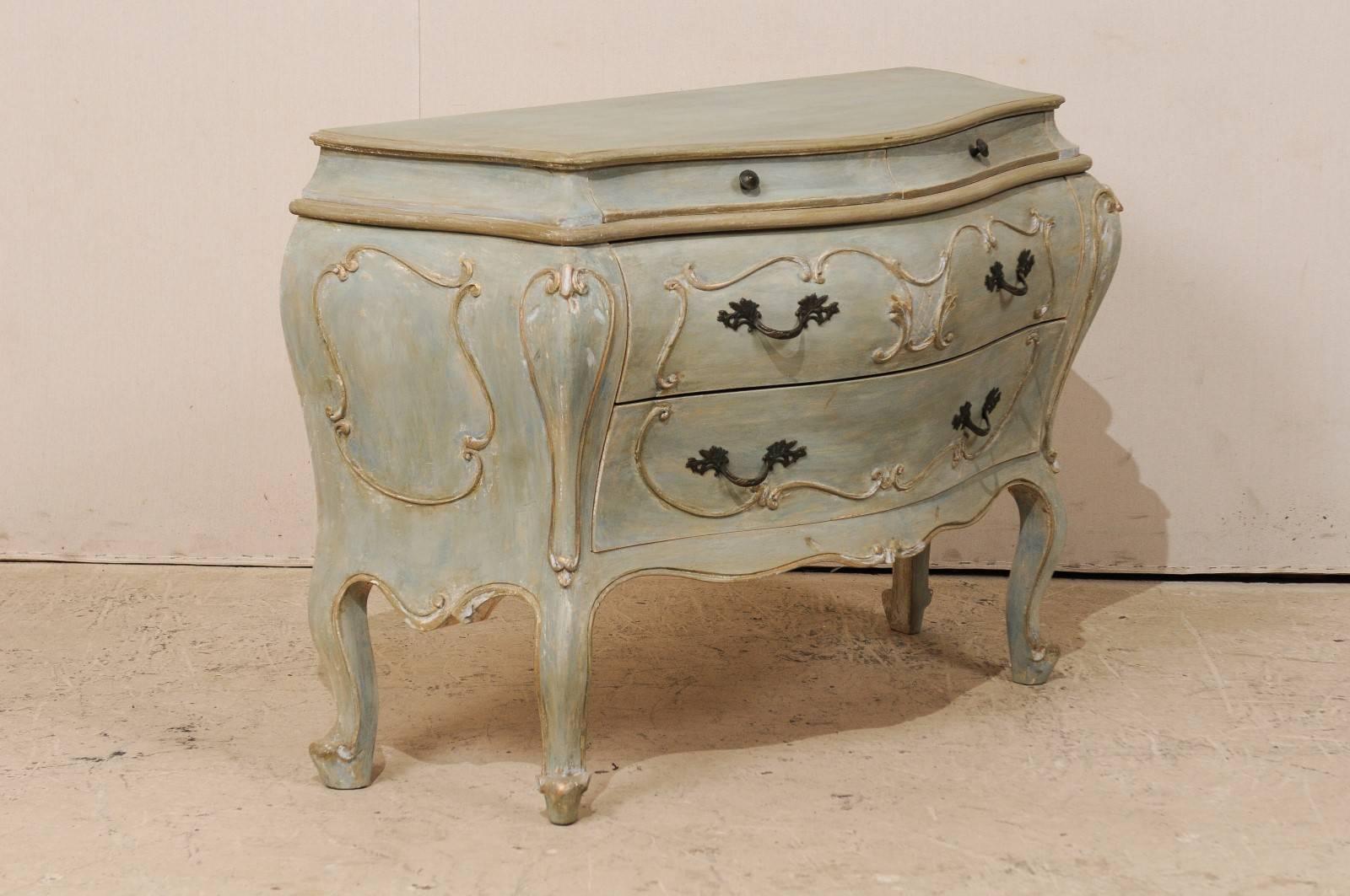 Rococo Style Bombé Chest of Four Drawers with Grey, Blue, Green & Beige Accents In Good Condition For Sale In Atlanta, GA