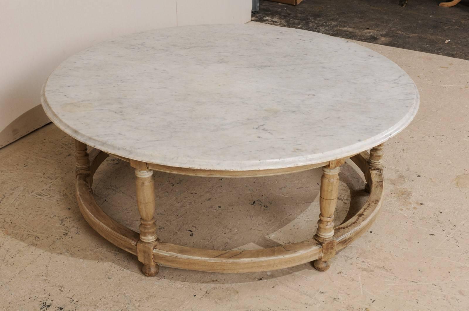 20th Century White Marble Top French Over-Sized Round Wood Coffee Table with Turned Legs