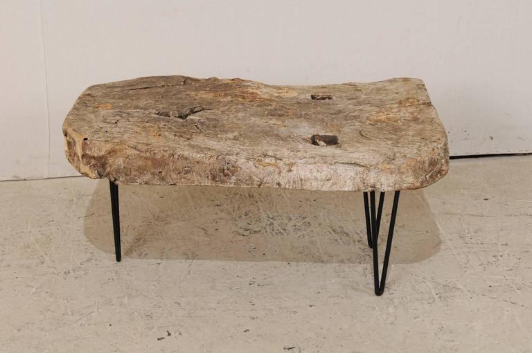 Custom-Made Coffee Table of Old Natural Rustic Spanish Wood, Iron Base In Good Condition For Sale In Atlanta, GA