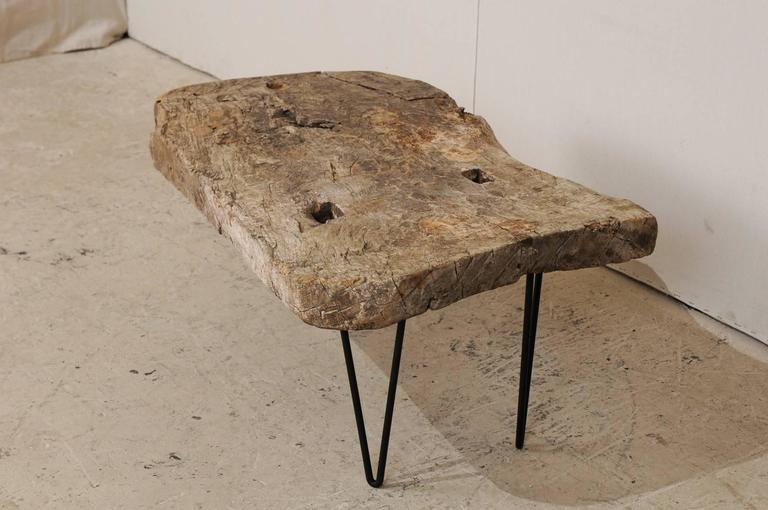 19th Century Custom-Made Coffee Table of Old Natural Rustic Spanish Wood, Iron Base For Sale