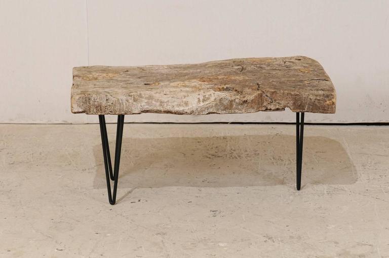 Metal Custom-Made Coffee Table of Old Natural Rustic Spanish Wood, Iron Base For Sale