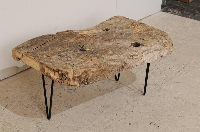 Custom-Made Coffee Table of Old Natural Rustic Spanish Wood, Iron Base For Sale 1