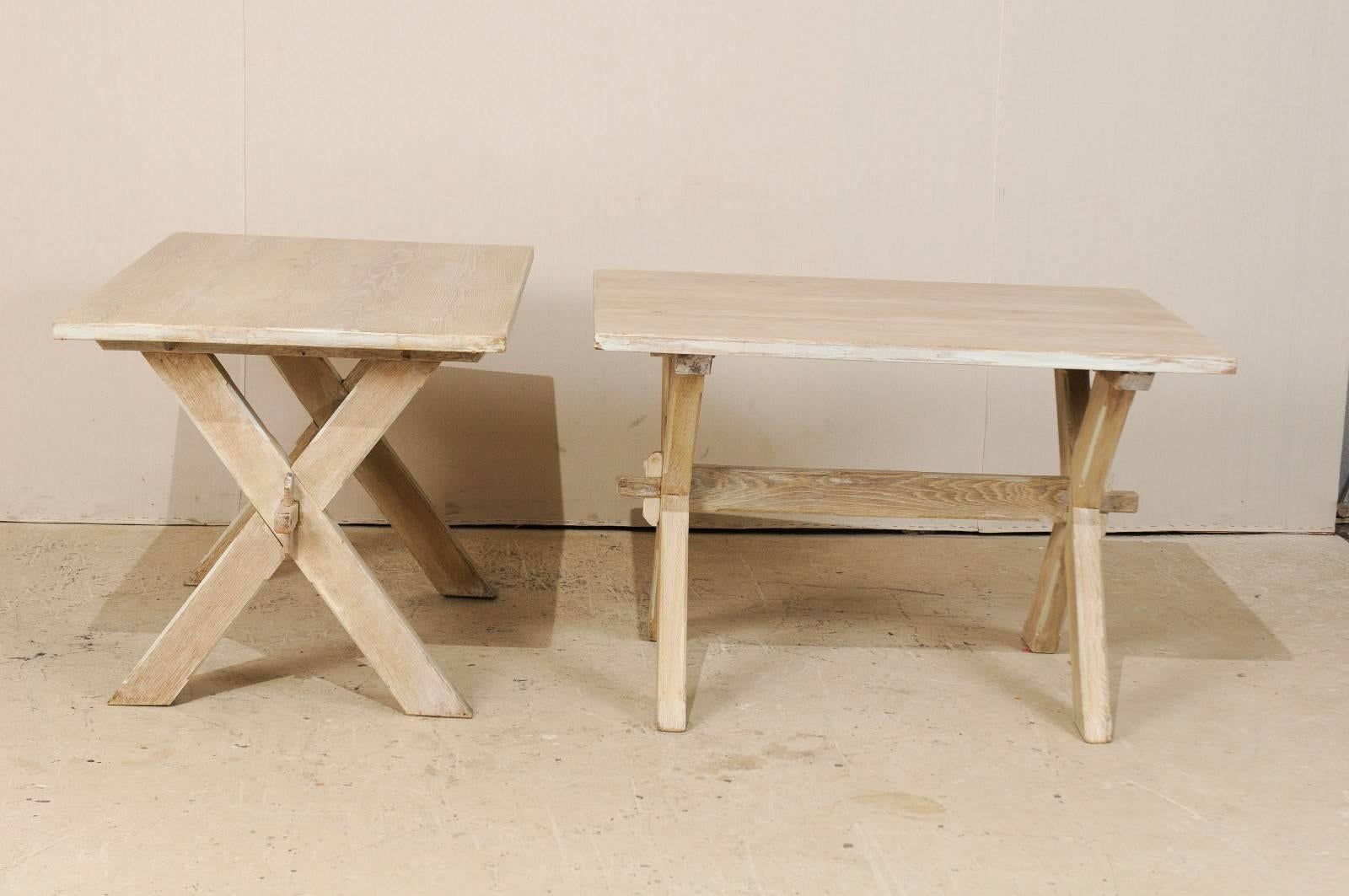Painted Pair of Mid-Century French Side or Accent Tables with X-Shape & Cross Stretchers