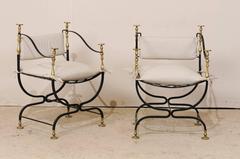 Pair of Italian Mid-Century Brass / Iron Curule Style Accent Chairs with U-Shape