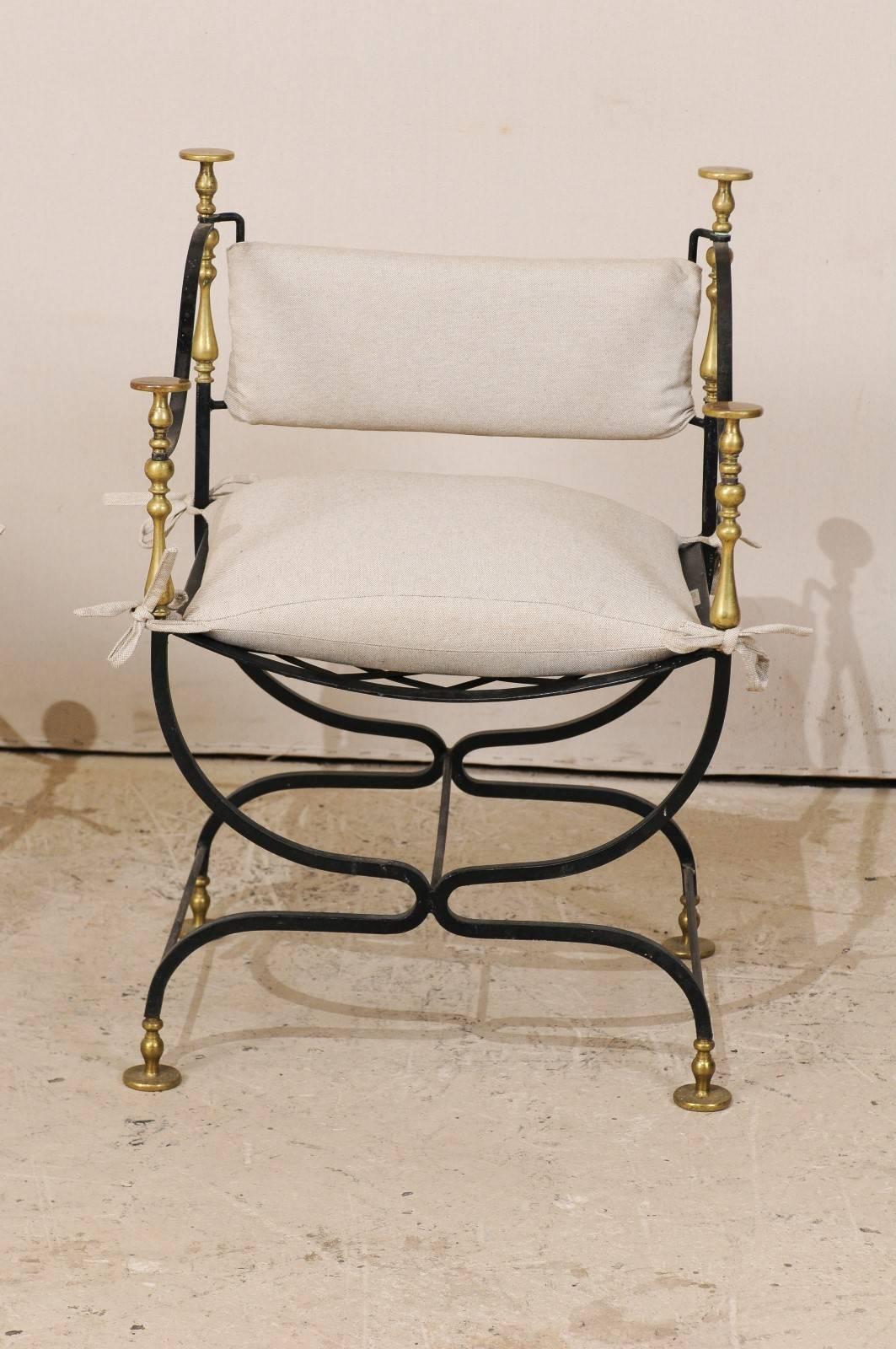 20th Century Pair of Italian Mid-Century Brass / Iron Curule Style Accent Chairs with U-Shape
