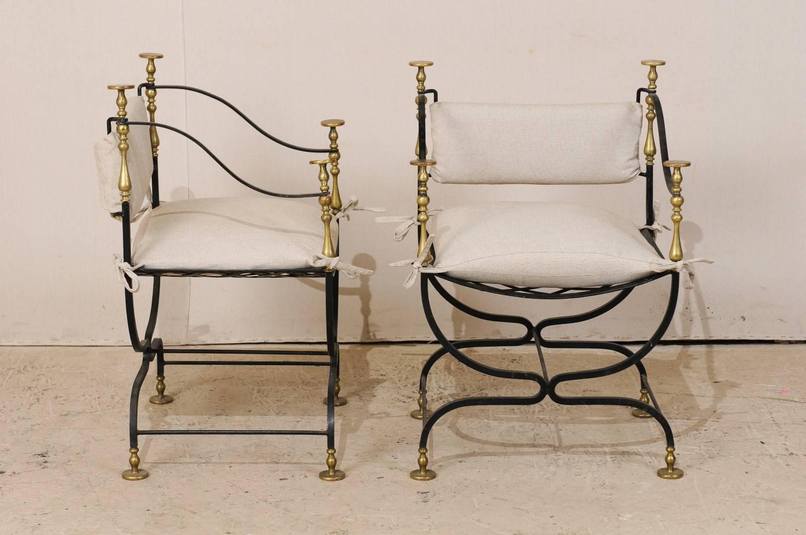 Pair of Italian Mid-Century Brass / Iron Curule Style Accent Chairs with U-Shape 1