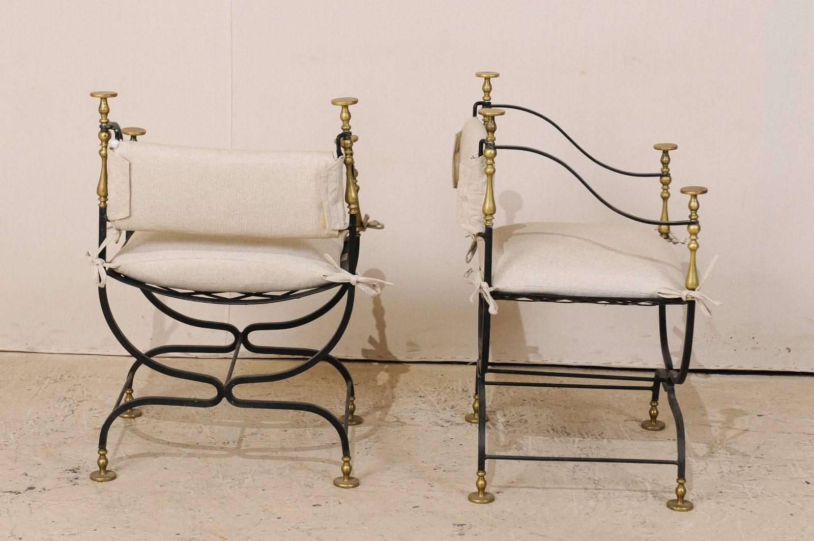 Pair of Italian Mid-Century Brass / Iron Curule Style Accent Chairs with U-Shape 2